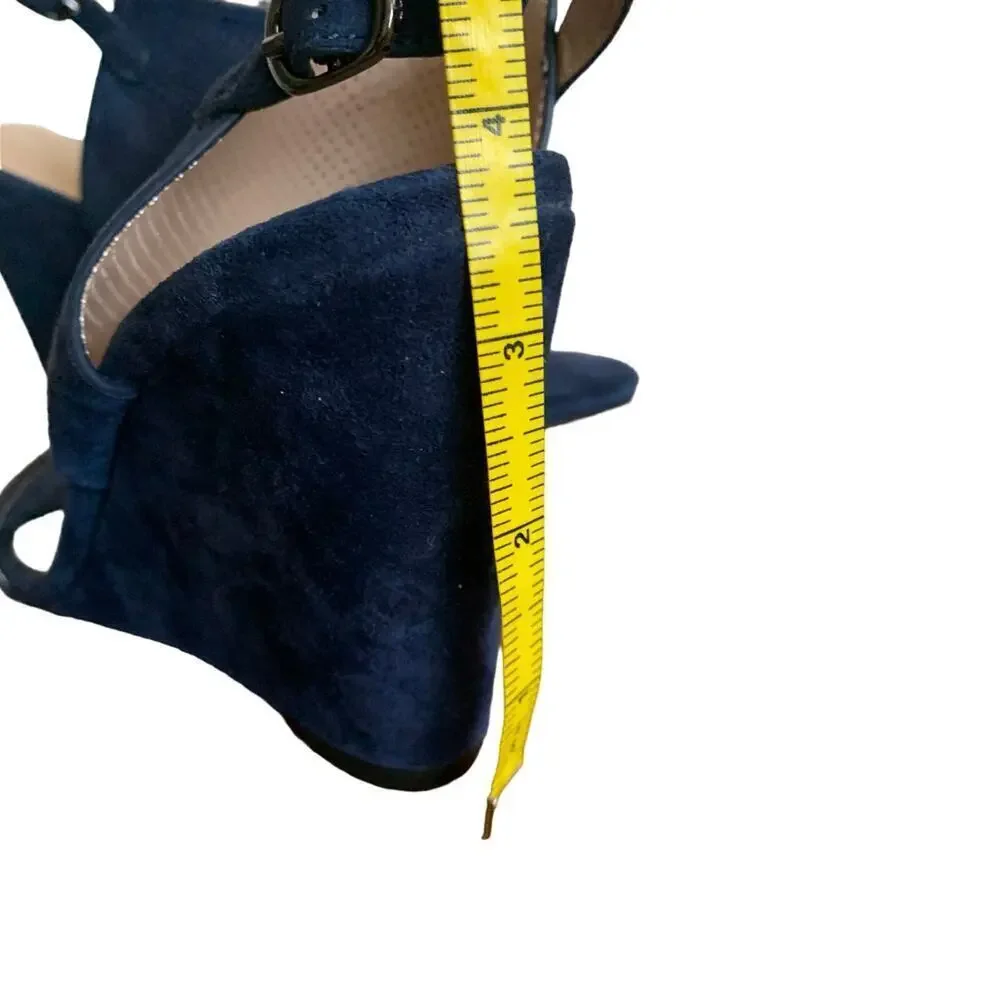 H by Halston Suede Open Toe Wedge Navy Blue McKenzie Sandals Size 5.5 NWOT